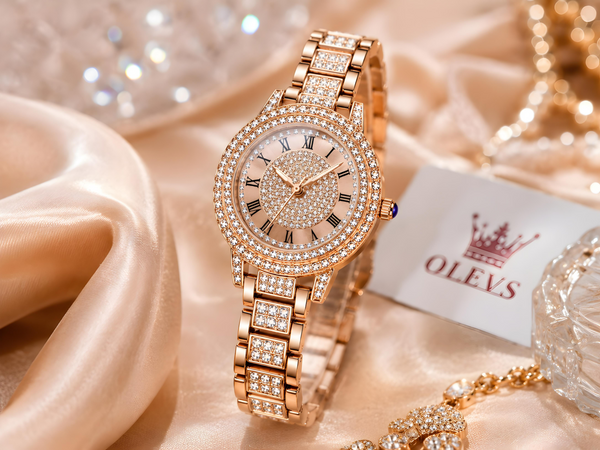 Montre femme rose gold ornée de cristaux scintillants au design élégant.